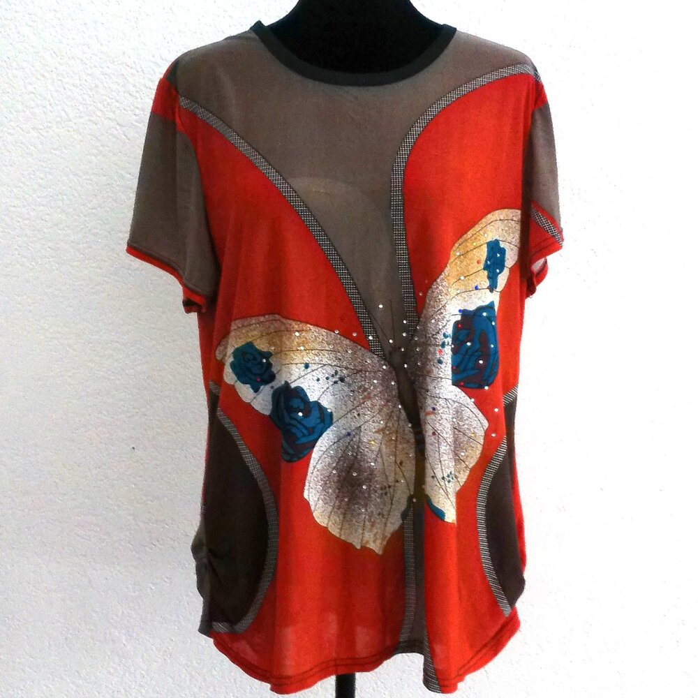 Multi color butterfly T-shirt, with colorful rhinestones design